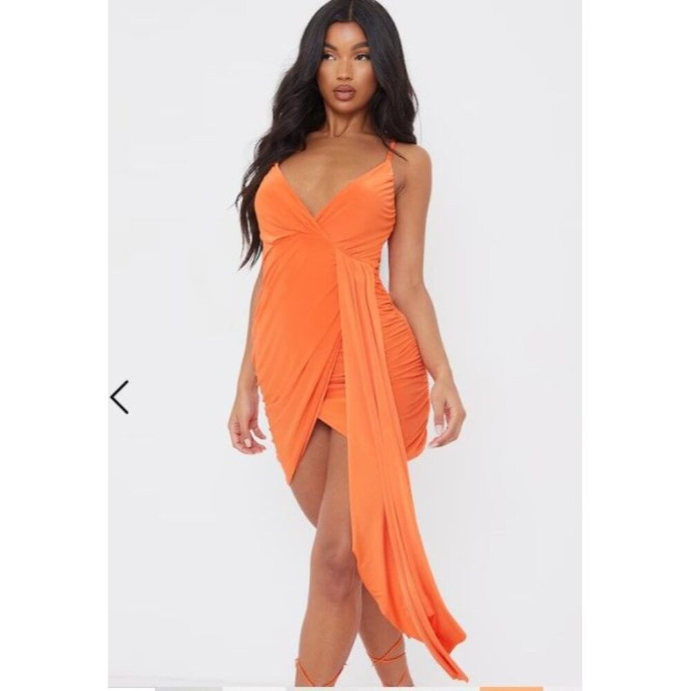 PrettyLittleThing Bodycon Mini Dress Slinky Drape Orange Strappy NWT Sexy Size 2